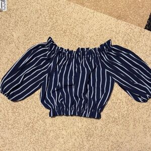 Elegant Navy Off-Shoulder Blouse with White Stripes